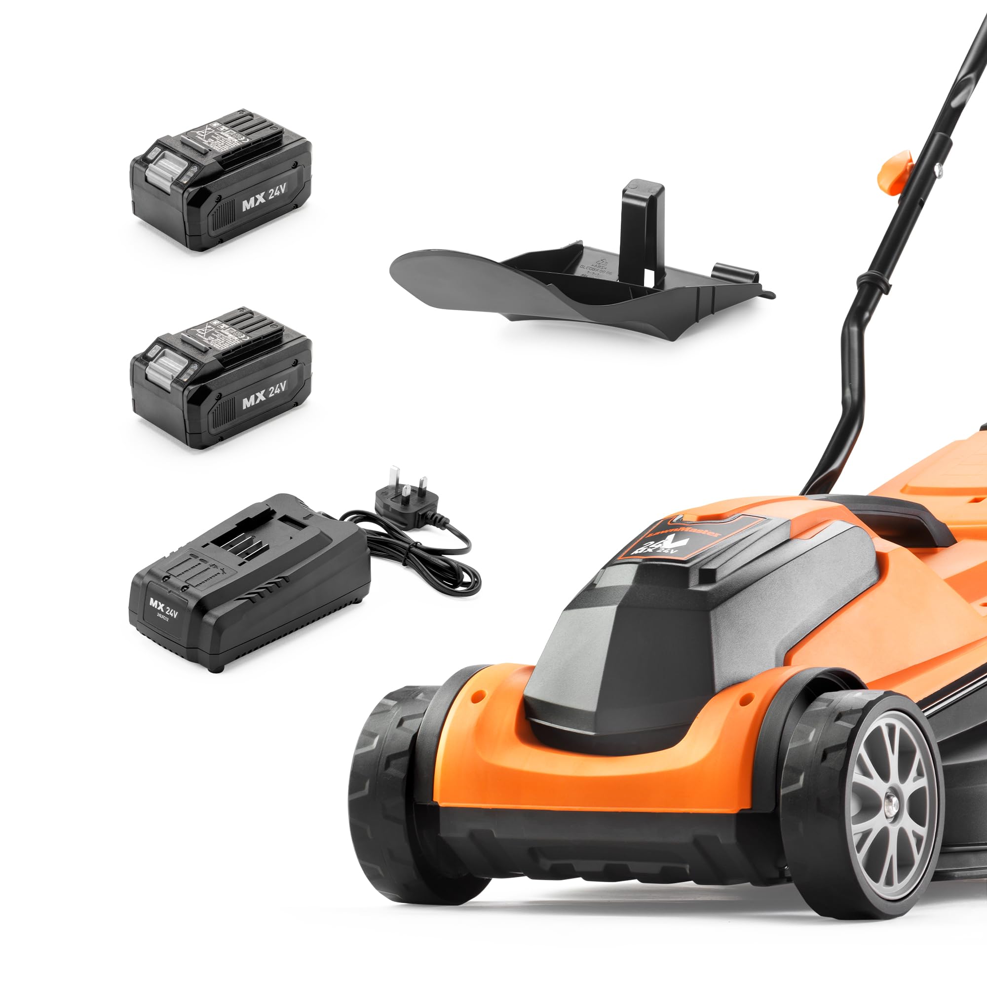 24V Cordless Lawn Mower, 34cm Cutting Width, 2×4Ah Batteries, Fast Charger, 32L Grass Box, 6 Cutting Heights