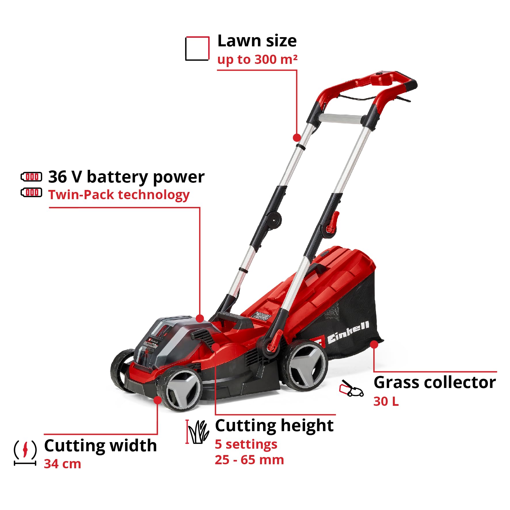 36V Cordless Lawn Mower, 34cm Cutting Width, 2×3Ah Batteries, 2 Chargers, 30L Grass Box, 5-Stage Cutting Height