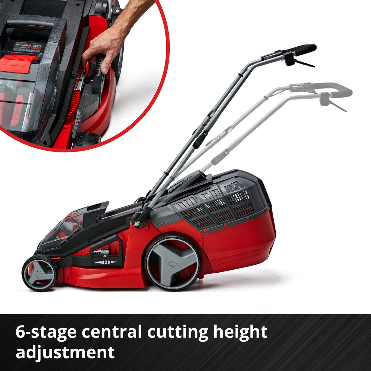 36V Cordless Brushless Lawn Mower, 43cm Cutting Width, 2×4Ah Batteries, 2 Fast Chargers, 63L Grass Bag