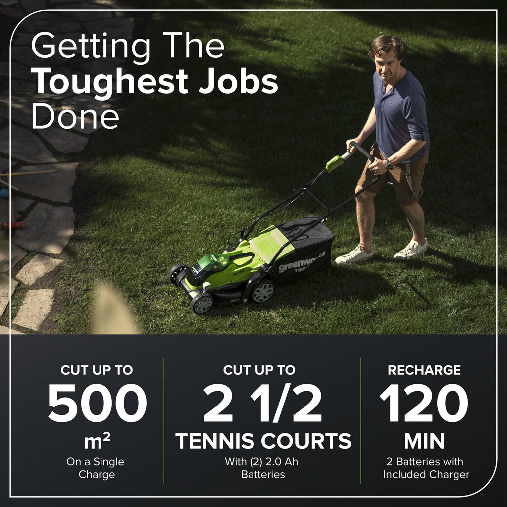 40V Cordless Lawn Mower, 35cm Cutting Width, 2×2Ah Batteries, Charger, 40L Grass Bag, 5 Cutting Heights