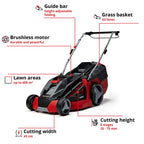 36V Cordless Brushless Lawn Mower, 43cm Cutting Width, 2×4Ah Batteries, 2 Fast Chargers, 63L Grass Bag