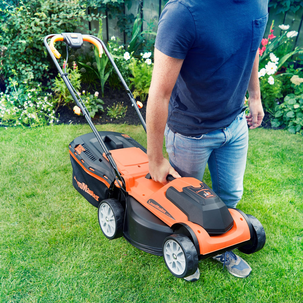 24V Cordless Lawn Mower, 34cm Cutting Width, 2×4Ah Batteries, Fast Charger, 32L Grass Box, 6 Cutting Heights
