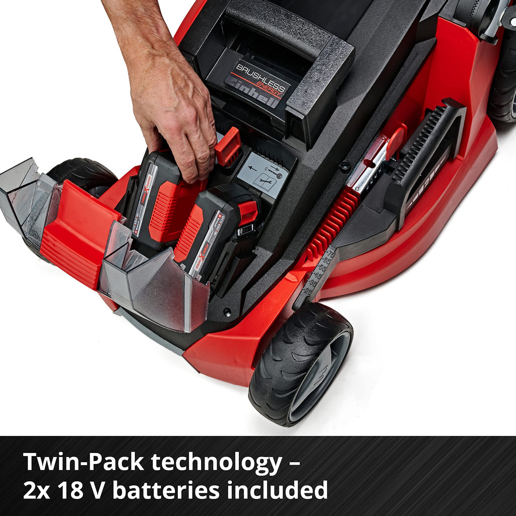 36V Cordless Brushless Lawn Mower, 43cm Cutting Width, 2×4Ah Batteries, 2 Fast Chargers, 63L Grass Bag