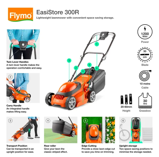 Corded Electric Rotary Lawn Mower, 30cm Cutting Width, 1200W, with 30L Grass Box and Foldable Vertical Storage